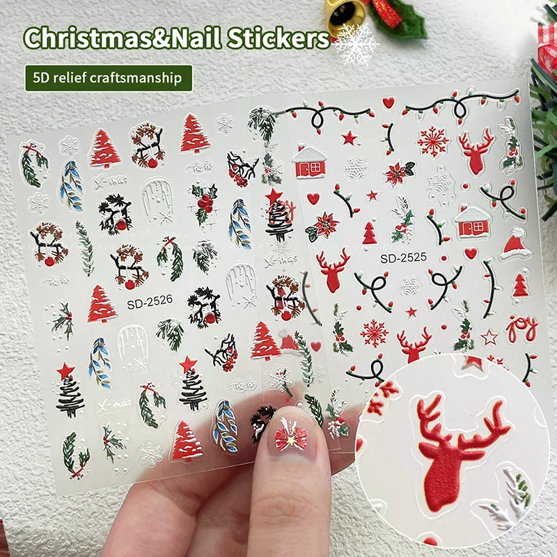 5D Embossed Christmas Nail Stickers - Tree Snowflake Elk Snowman Decals, Autumn Winter Manicure Supplies for DIY Salon Home