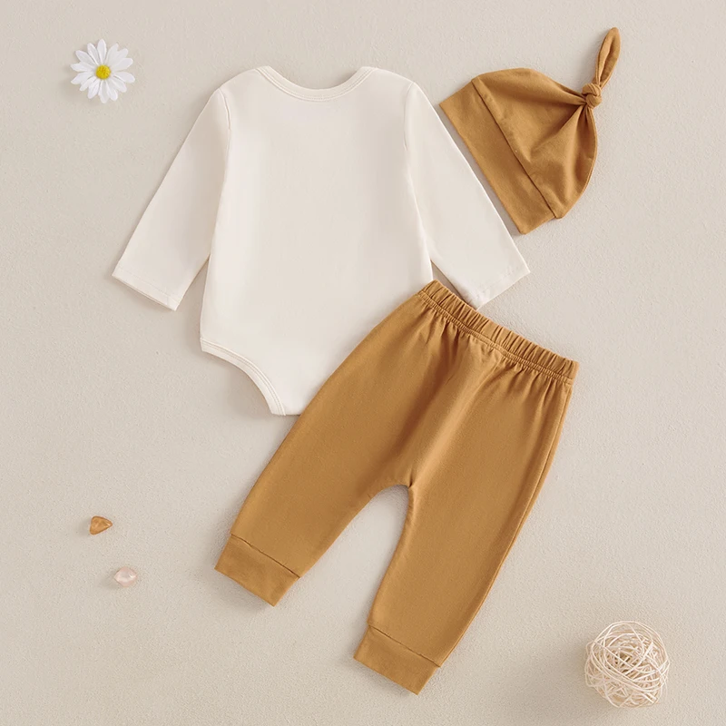 Description Picture 3 of itemBaby 3Pcs Fall Outfits Long Sleeve Sun Print Romper Pants Hat Set Infant Clothes