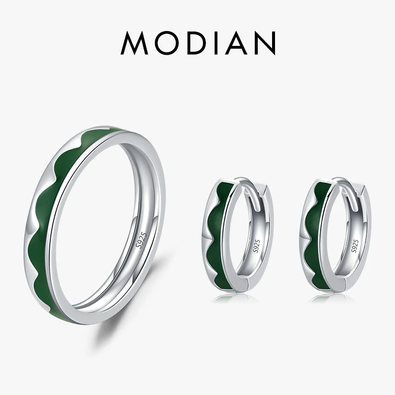 

Modian Real 925 Sterling Silver Geometric Pink Green Purple Enamel Ring & Hoop Earrings Buckle Jewelry Set For Women Party Gift