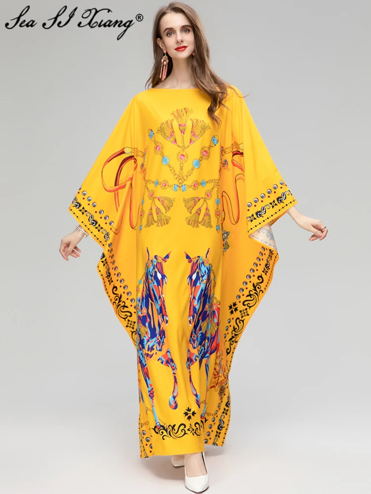 

Seasixiang Fashion Designer Autumn Maxi Loose Dress Women O-Neck Batwing Sleeve Vintage Print Floor-Length Dresses