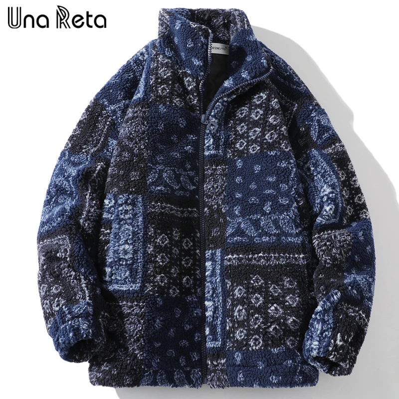 

Una Reta Print Lambswool Parka Winter Men Clothing Streetwear Patchwork Coat Hip Hop Zipper Zipper Thick Men's Jacket