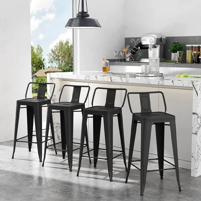 

30 Inch Metal Bar Stools Set of 4 Bar Height Stools with Backs Low Back Bar Chairs for Indoor Outdoor Matte Black
