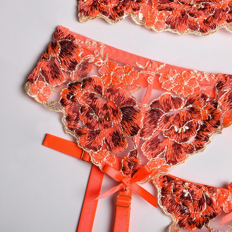 cheap bra and panty sets Ellolace Floral Lingerie Underwear 3 Piece Set Sexy Transparent Short Skin Care Kits Lace Underwire Bra and Thongs Brief Sets bra and knicker sets