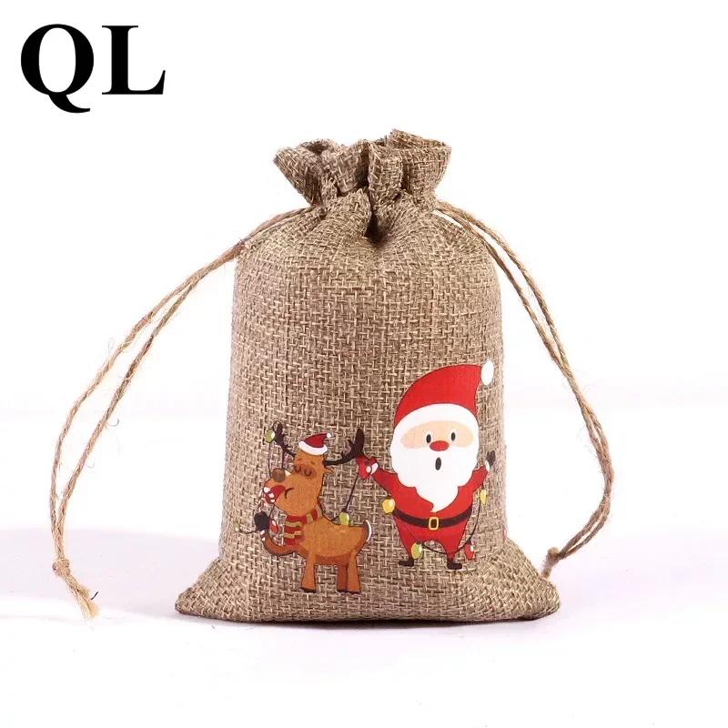 

5PCS Christmas Santa Sack Children Xmas Gifts Candy Stocking Bag Exquisite Santa Claus Printed Linen Christmas Candy Bag