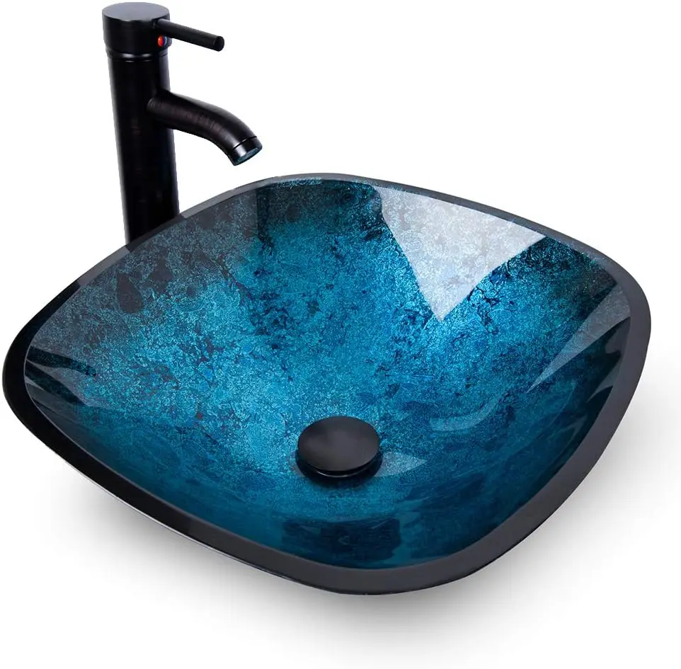 Bathroom Vessel Sink,Bowl Vessel Sink with Faucet and Drain Combo,Blue Tempered Glass Vessel Sink for Bathroom 2