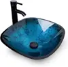 Bathroom Vessel Sink,Bowl Vessel Sink with Faucet and Drain Combo,Blue Tempered Glass Vessel Sink for Bathroom 2