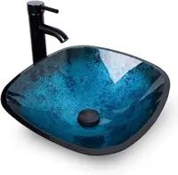 Bathroom Vessel Sink,Bowl Vessel Sink with Faucet and Drain Combo,Blue Tempered Glass Vessel Sink for Bathroom 2