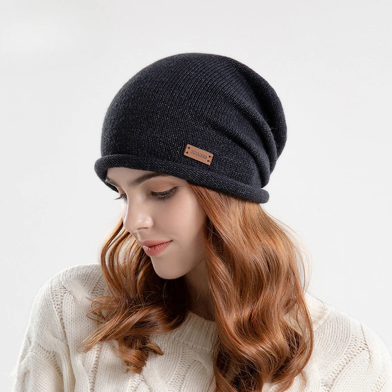 9941 Autunno e inverno pelo sottile lavorato a maglia piccola etichetta tinta unita versatile cappello al chiaro di luna fascia grande da donna Baotou_voghion.com