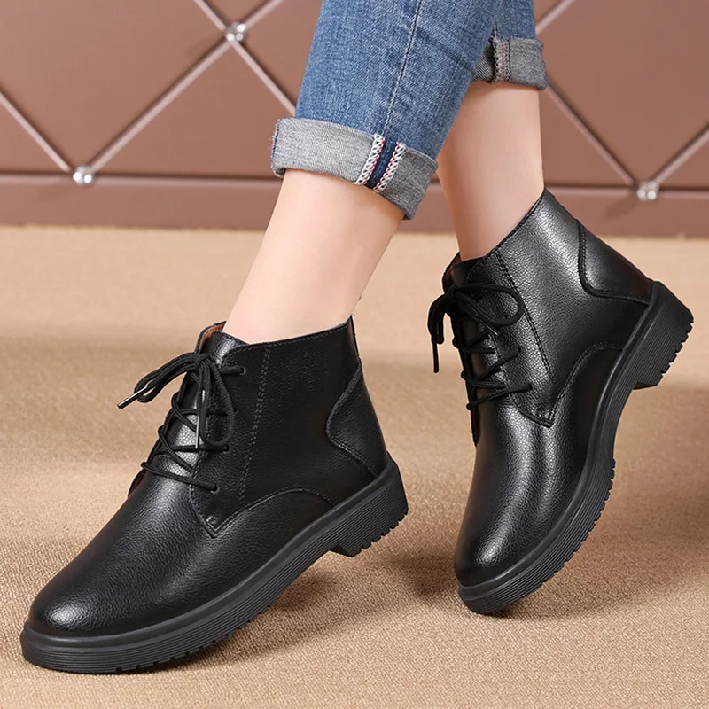 Black Genuine Leather Women Shoes Women Spring Autumn Winter Ankle Oxford Boots Female Lace Up Rubber Boots Women Platform Boots