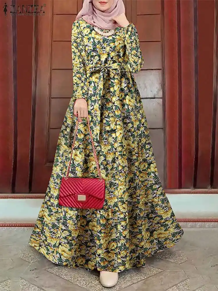 

ZANZEA Ramadan Muslim Women Dress Full Sleeve O-Neck Floral Print Islamic Clothing Bohemian Elegant Casual Abaya Kaftan Robe