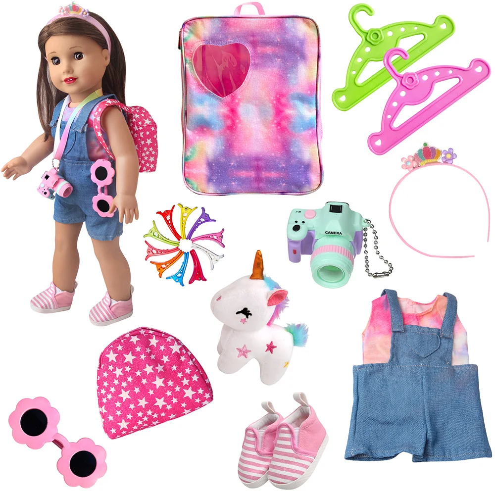 

One Piece Kawaii Doll Outing Bag Color Purple Sunglasses Clothes Shoes Fits 43cm Baby Doll and 18 Inch Girl Doll Toy Accessories
