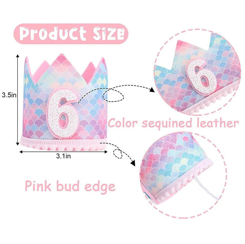 1pcs Mermaid Birthday Rainbow Crown Cap 1st 2nd 3rd Years Kids Baby Shower Hat With Rope Birthday Headband Mermaid Party Decor birthday crown