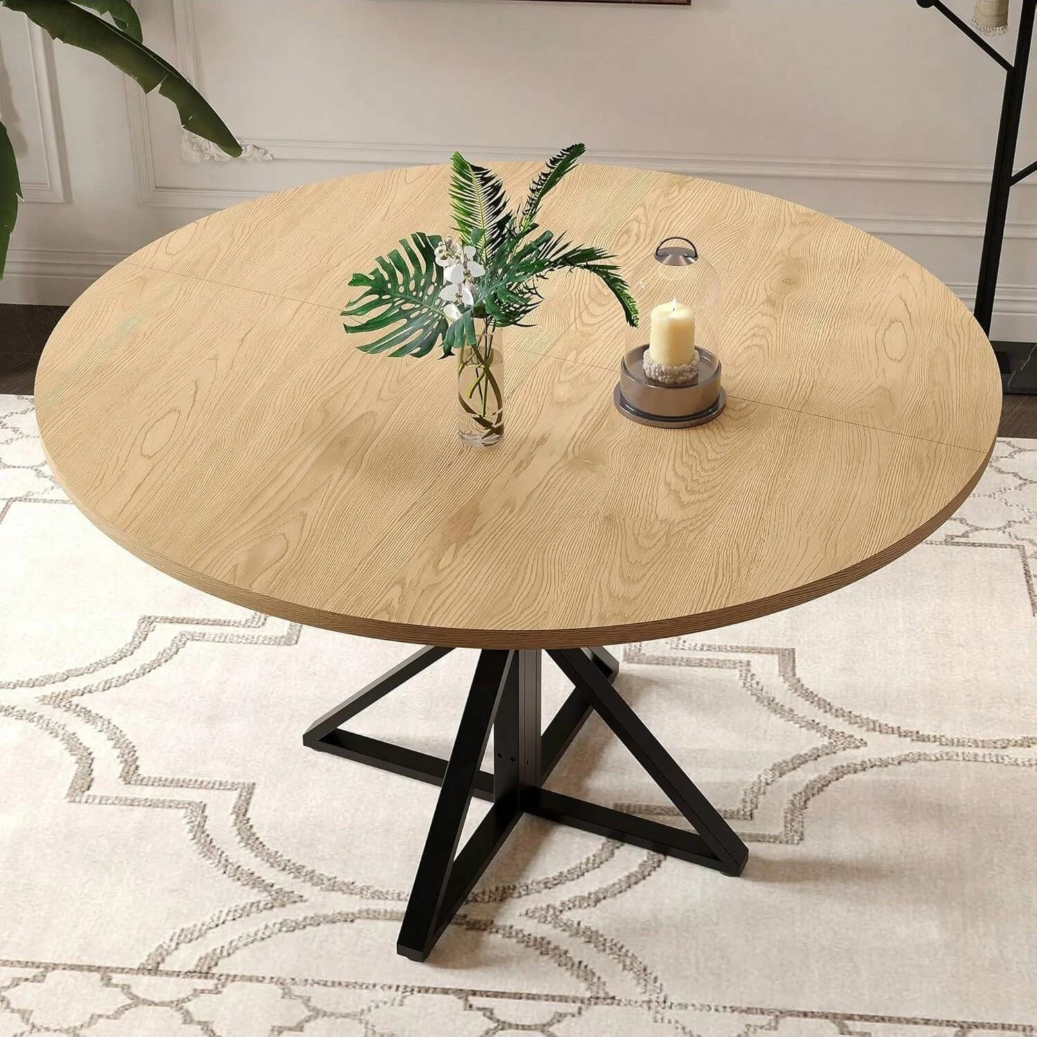 120 cm runder Esstisch für 4–6 Personen, Küchentisch aus Holz mit Sockel, Metallsockel, runder Bauernhaus-Esstisch für kleine Räume – Detail 12