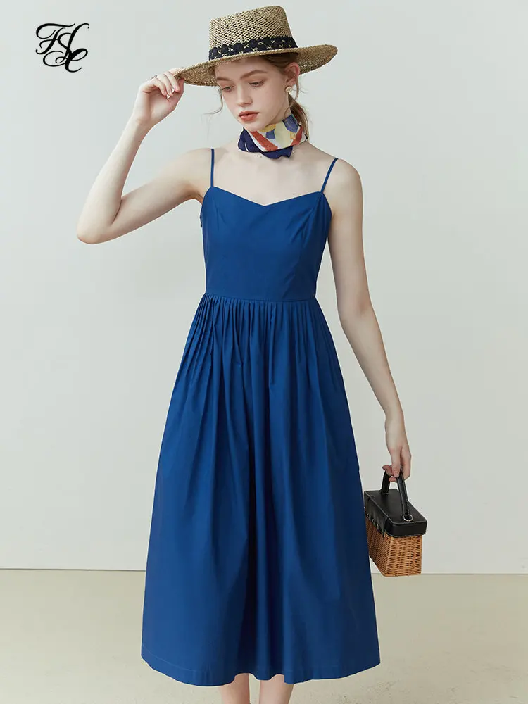 

FSLE Special French Suspender Dress for Women Summer Newly Hepburn Style High Waist Elegant Solid Long Skirt for Female