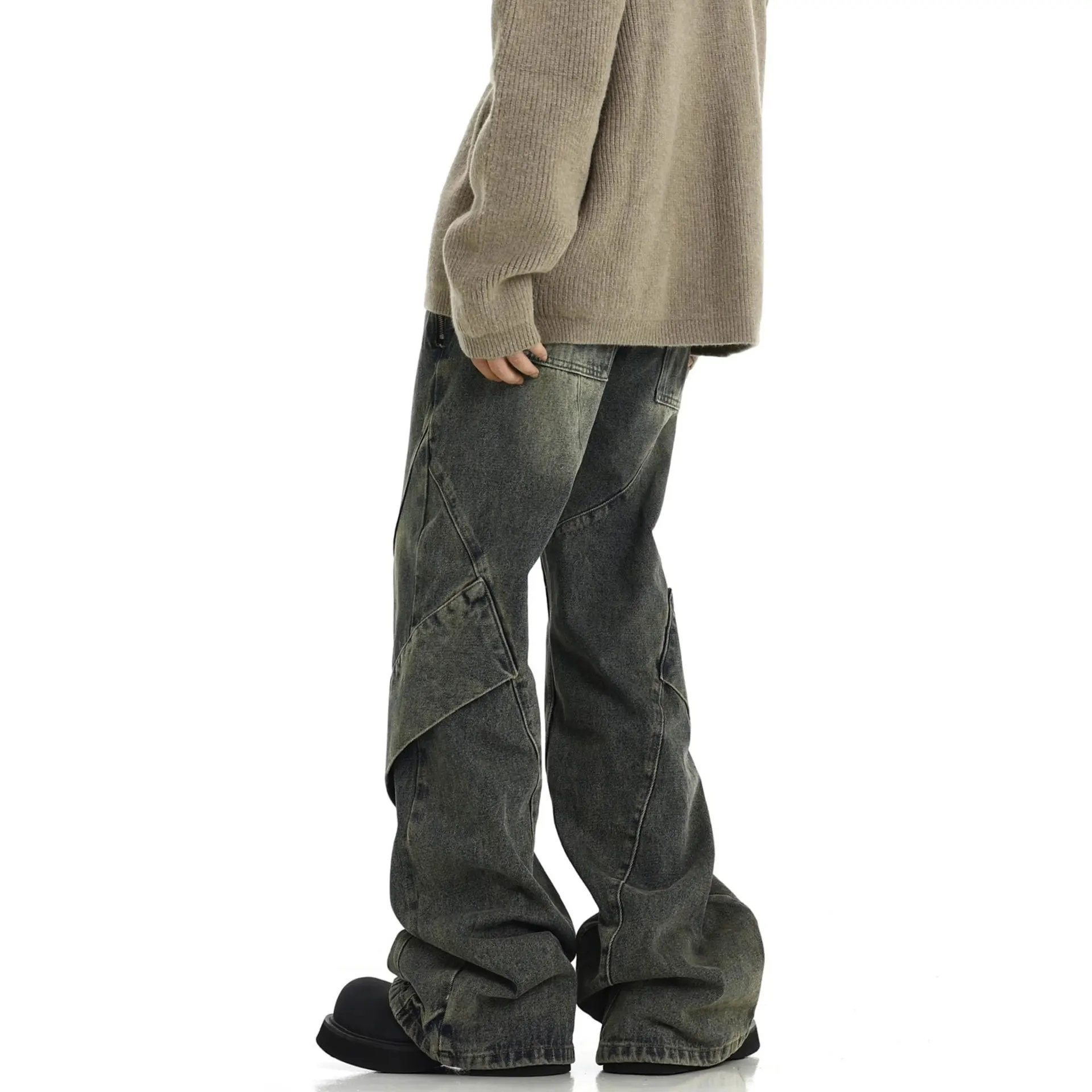 Men's Clothing Y2k Baggy Jeans New American Retro Man Pants Distressed Washed Yellow Mud Irregular Splicing Micro Flared Jeans