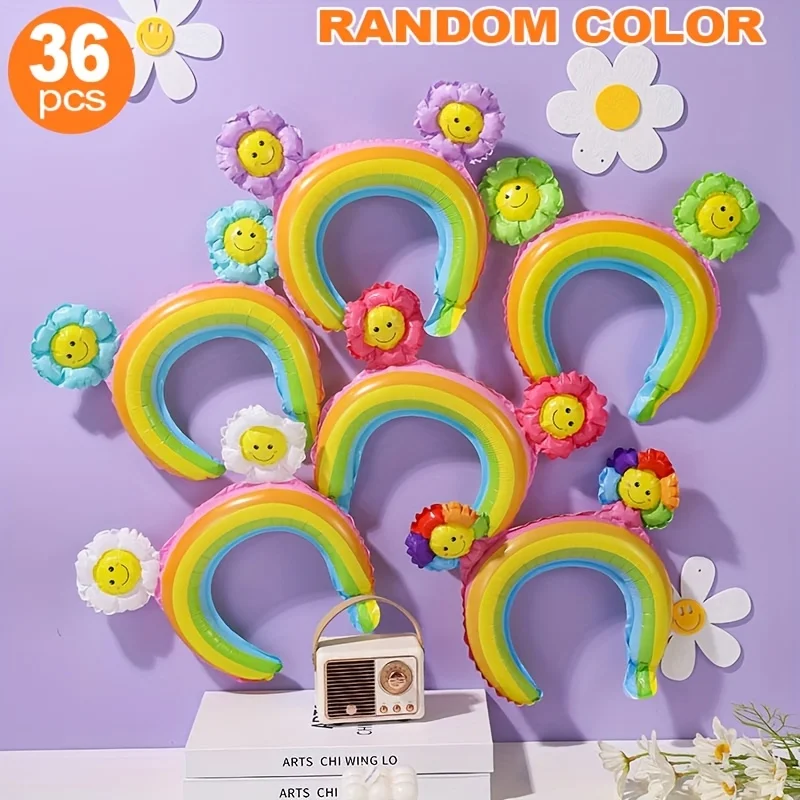 36-Gänseblümchen-Regenbogen-Haarbänder, Luftballons, Aluminiumfolienmaterial, niedliches Cartoon-Design, leicht zu tragen, perfekt als Geschenk für Partydekoration und Kinder