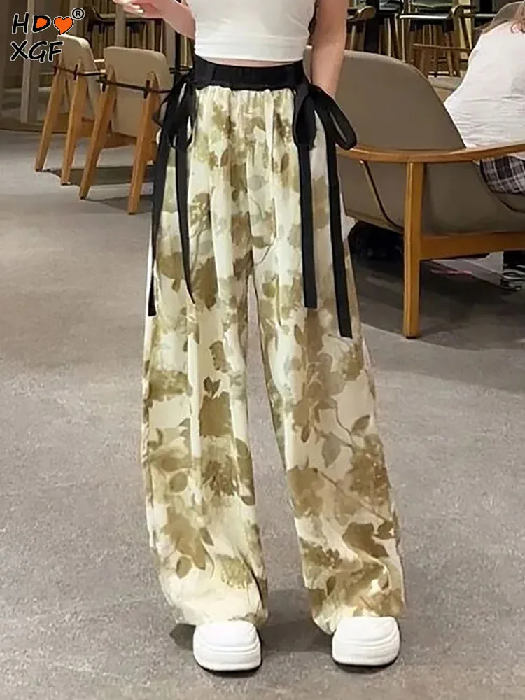 

Multiple Colors Printing Ice Silk Wide-leg Pants For Women Fashion Drawstring Elastic High Waist Trousers All-match Baggy Pants