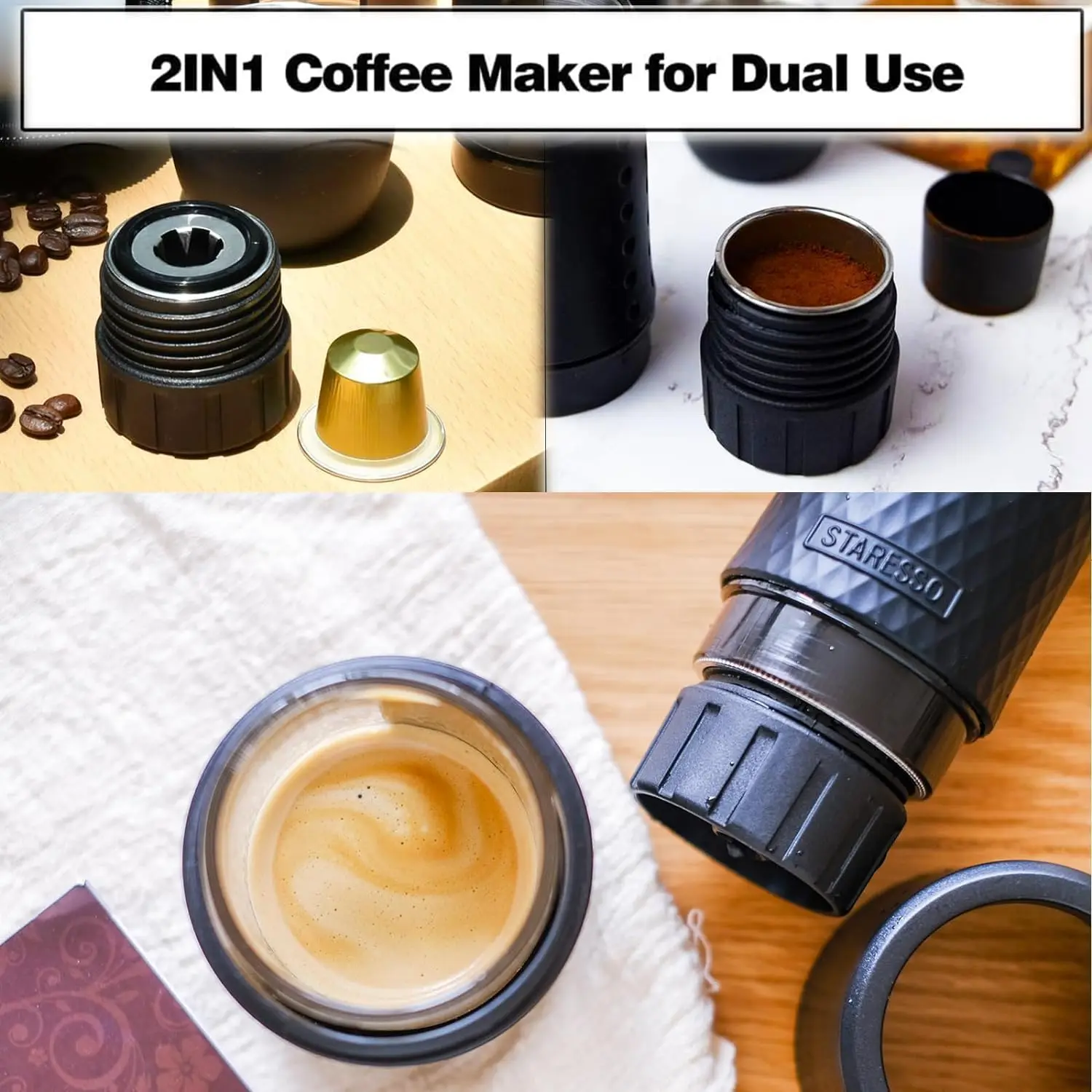 Classic Portable Espresso Maker, 2 in1 Travel Coffee Maker,Compatible Capsules and Ground Coffee,Manual Espresso Machin
