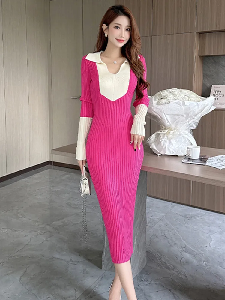Women Autumn Colour Patchwork Knitting Bodycon Dress Korean