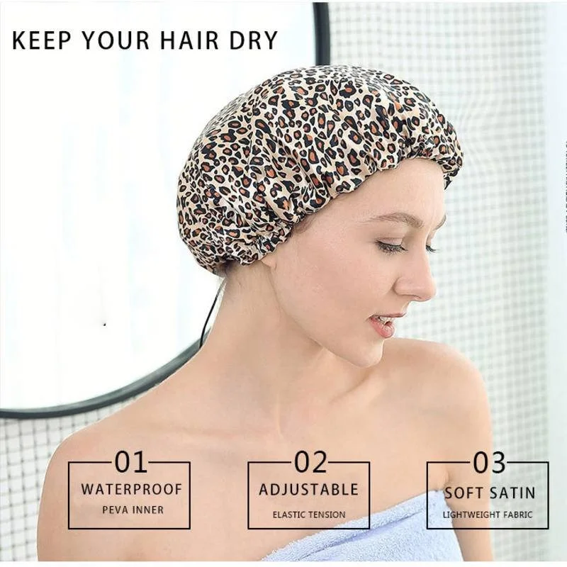 Shower Caps Reusable Waterproof Double Layer with PEVA Lining Adjustable Elastic Band