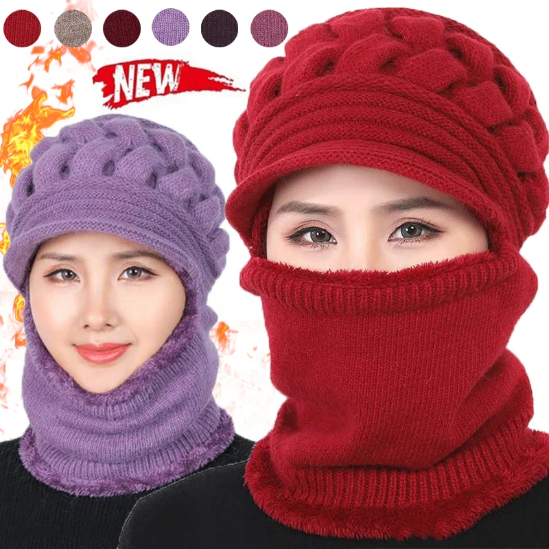 

Women Wool Knitted Hat Coral Fleece Windproof Winter Hat Outdoor Ski Knit Thick Scarf Collar Warm Keep Face Warmer Beanies Hats