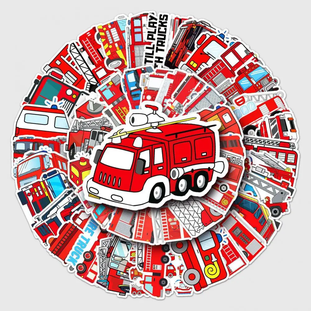

50Pcs Cartoon Stickers Eco-friendly Self-adhesive Various Party Favor Graffiti Stickers Fire-Truck Stickers