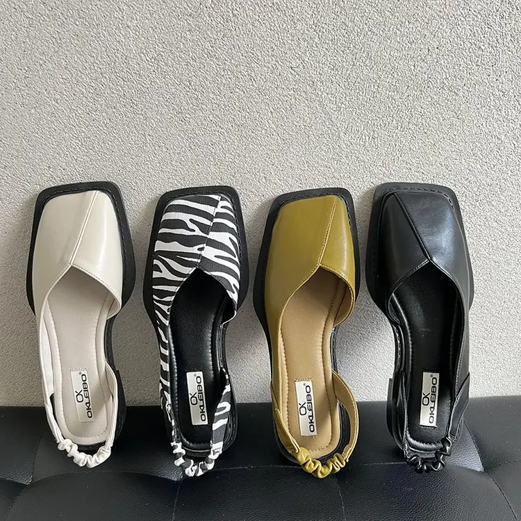 Square Toe Summer Ladies Sandals Ladies Elastic Band Flat Heel Women Shallow Party Shoes Square Heel Sandal Women Sandals