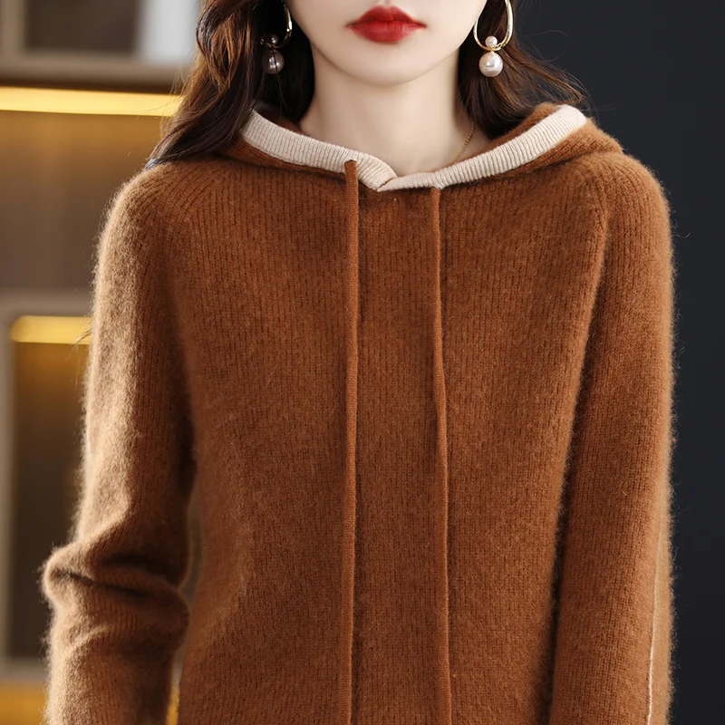

Hot Sale Hooded Cashmere Sweater Pullover New Arrival Ladies Knit Long Sleeve 100% Pure Wool Hooded Sweater Comfortable Soft