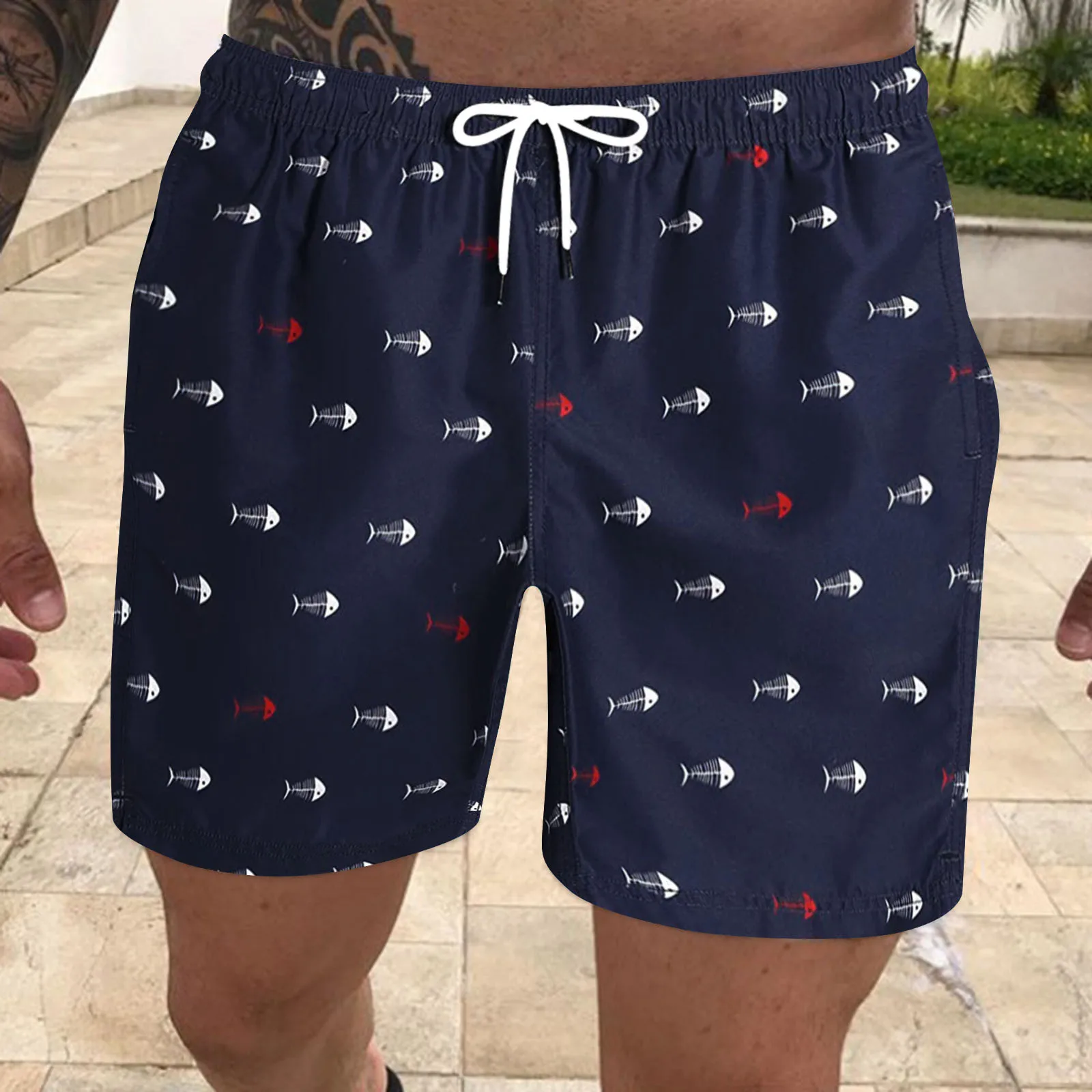 

Mens Board Shorts Stylish Cartoon Print Breeches Knee Trunks Classic Drawstring Double Pocket Swimming Shorts Hawaiian Trunks