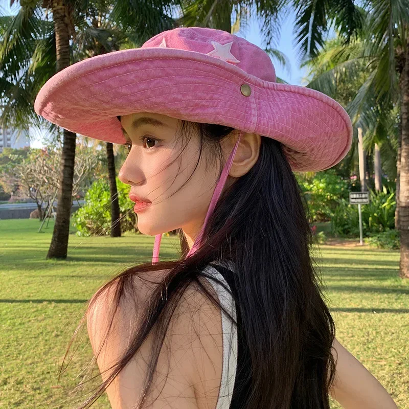 Pălării de vară retro roz cu bor mare, stil punk Y2K, cu stele, cu găleată, pentru exterior, protecție solară, alpinism, pălărie de cowboy, casual, Jazz_voghion.com