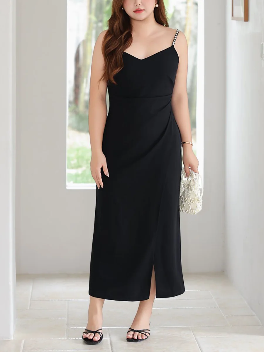 Premium Slim Pleated Waist V-neck Dress Plus Size Women Wedding Birthday Front Slit Pearl Spaghetti Strap Dresses 9235