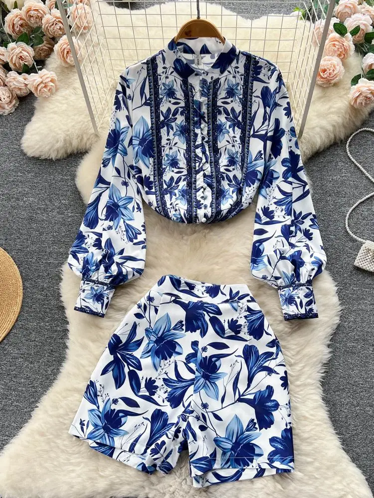 Runway Autumn Short Set Women Long Sleeve Floral Shirt and Pocket A-Line Shorts Two Piece Outfits for Women Matching Sets N6257