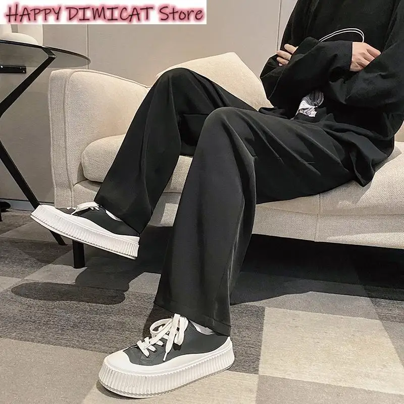 Loose Straight Trousers Men Casual Pant Men Baggy Wide Leg Pants Ankle Length Elastic Waist