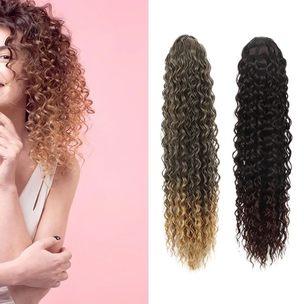 Ladies Wig Smooth Soft Fluffy Easy to Wear Thicken Hairs Hair Styling Anti-slip Drawstring Netting Long Curly Ponytail Wig Salon