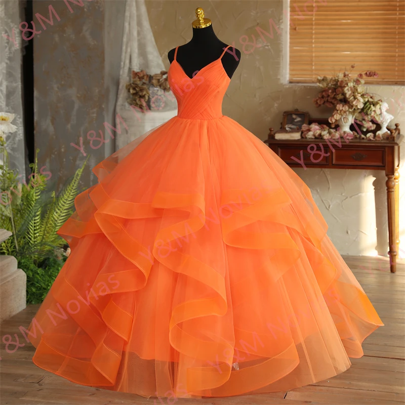 Orange Quinceanera Dresses Spaghetti Straps Sleeveless V-neck Party Prom Vestidos De Quinceaneras Gown New