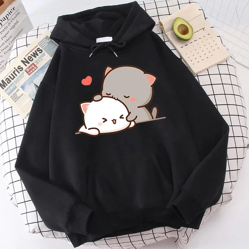 thumbnail image 1 of Sudadera con capucha de manga larga con estampado de gato para mujer, sudadera con capucha de lana para otoño e invierno, 1 of 5