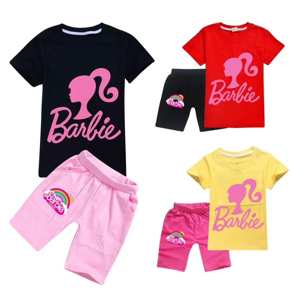 

2PC MINISO Barbie The Movie Children's Clothing Peripheral T-shirt + Shorts Set The Best Gift Clothes Girls From 2 To 7 Years，