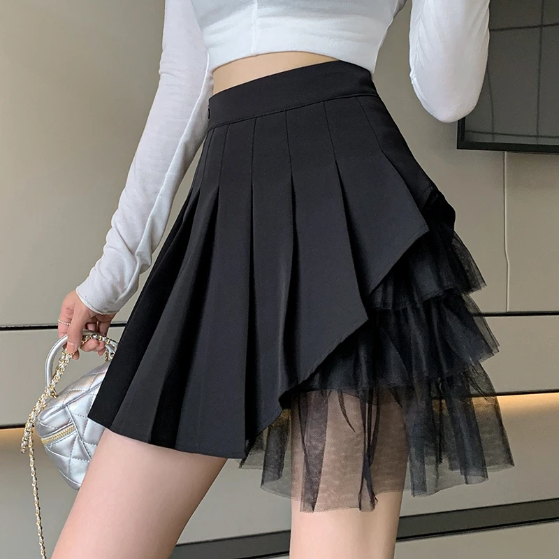 

QOERLIN Mesh Patchwork Pleated Skirt Zipper-Fly Women Summer Holiday Chiffon Skirt High Waist Skorts Korean Fashion Black Grey