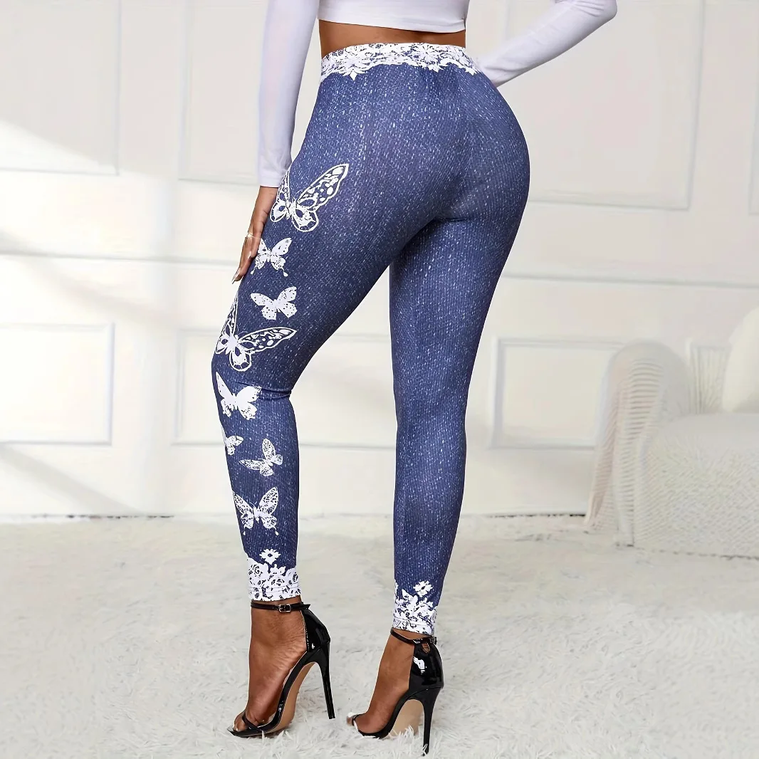 Fashionable new butterfly lace printed tight fitting imitation denim leggings 2