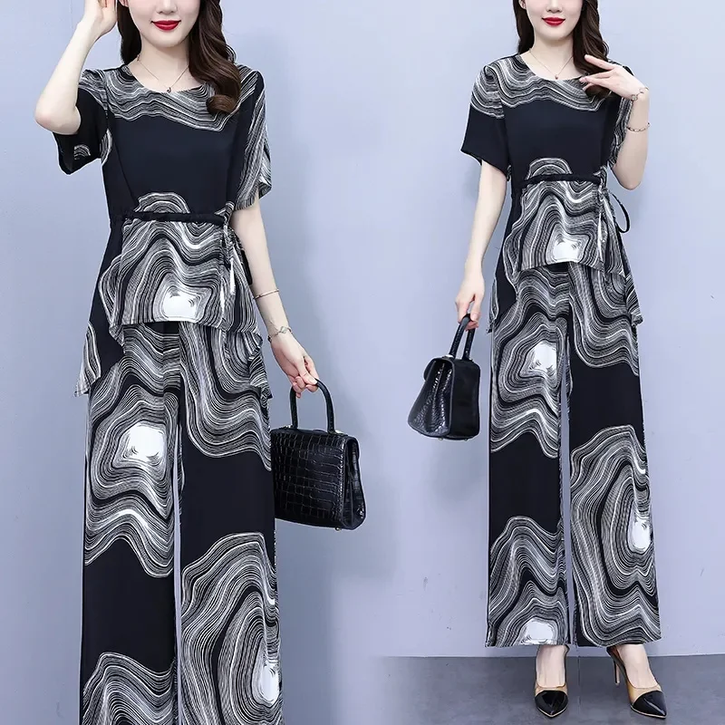 

2023 Summer Women's New High End Fashion Mom's Set Western Style Spliced Casual Wide Leg Pants Two Piece Set Female