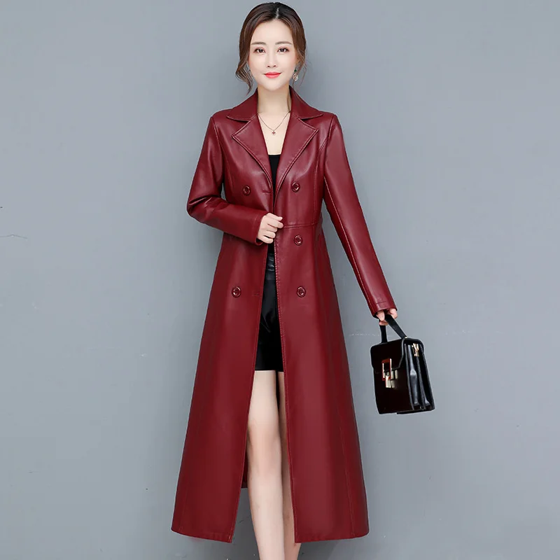 2025 Fashion X-long Leather Jacket Women's Streetwear Coat Autumn Winter Sashes PU Windbreaker M-7XL Thicken Fur Collar Overcoat