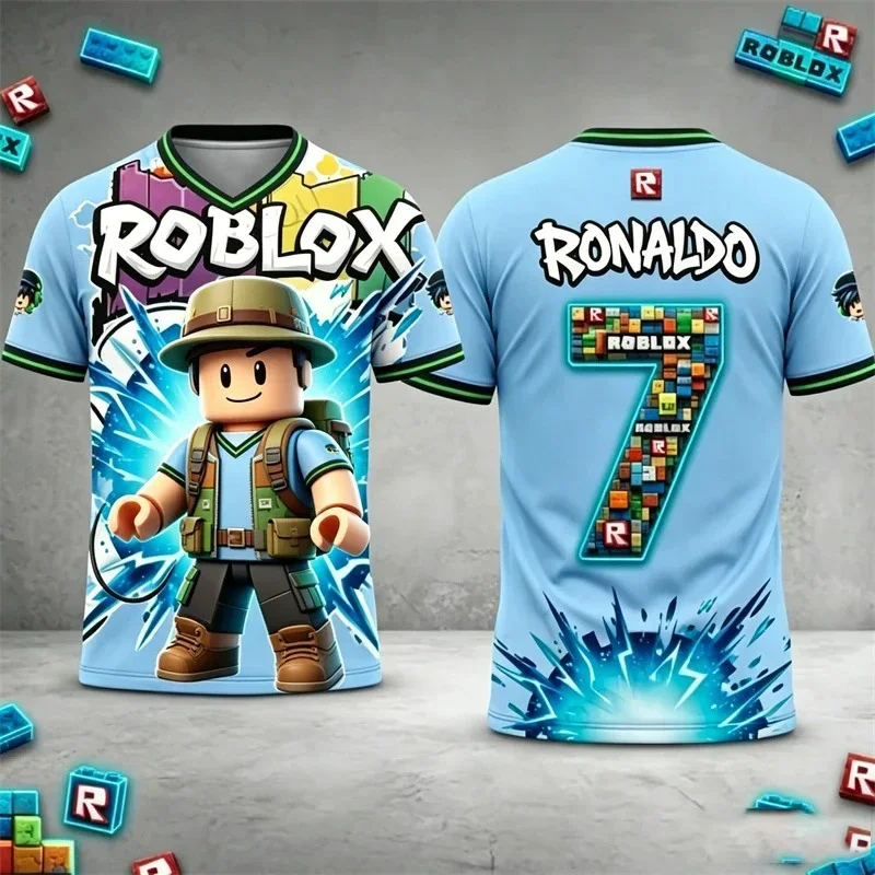 어린이 Roblox 그래픽 프린트 티셔츠 소년 V 넥 저지 스타일 반팔 여름 캐주얼 게임 탑