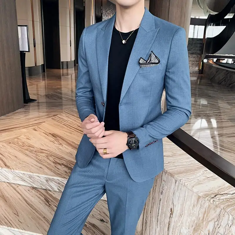 

2022 New Fashion Men Solid Color Casual Business Suit Two Pieces Set Male Single Breasted Blazers Trousers Clothing H218