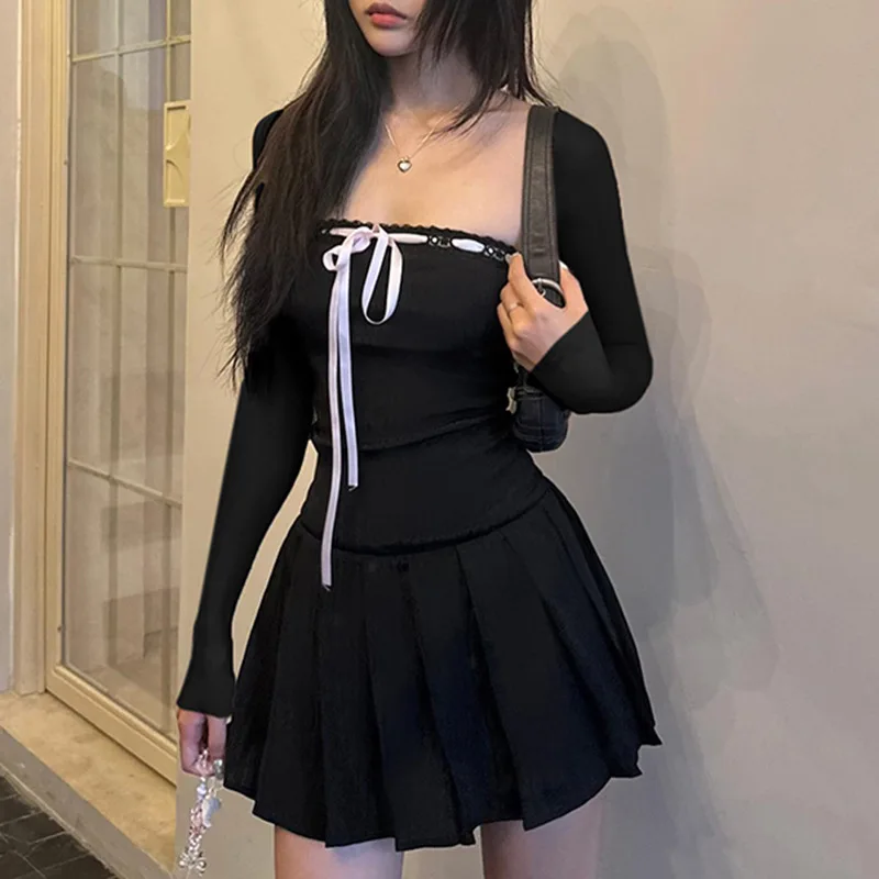 

New Bow Lace Black Dress Hot Girl Sexy Slim Fit Square Collar Pleated Knitted Hip Skirt