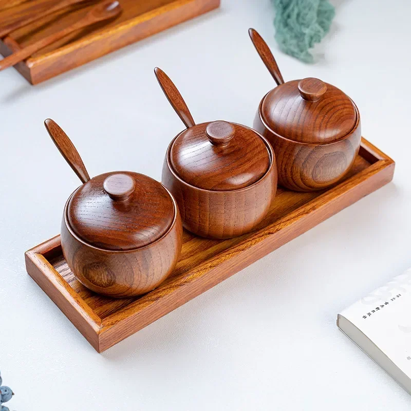 Seasoning Jar Solid Wood Seasoning Jar with Lid Wooden Salt Jar Sugar Bowl Pepper Storage Box Spoon Spice