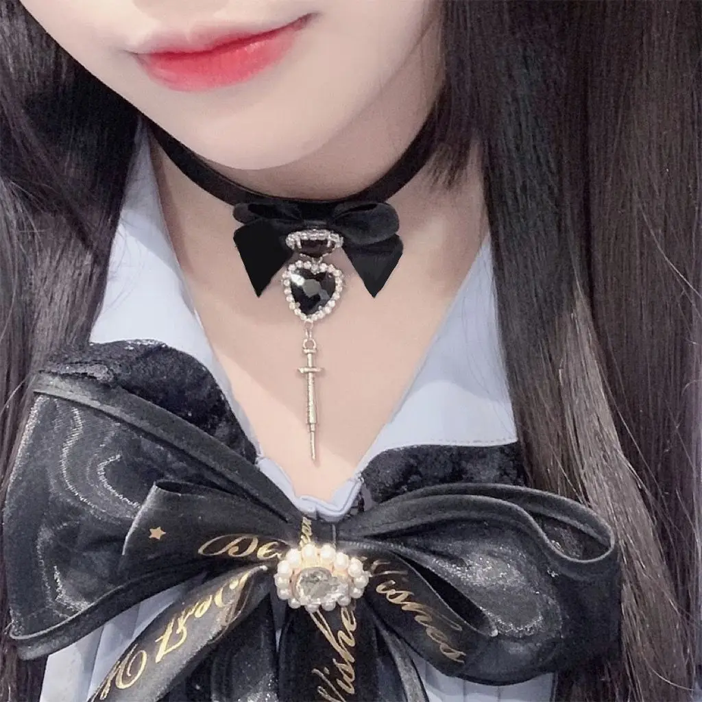 

Love Diamond Bowknot Needle Necklace Choker Collar Subcultural Punk ins
