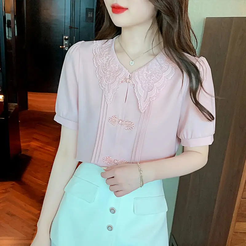 

Женская элегантная кружевная рубашка с воротником «Питер Пэн», летняя винтажная элегантная зеленая блузка на пуговицах, модный однотонный топ для женщин, 2022