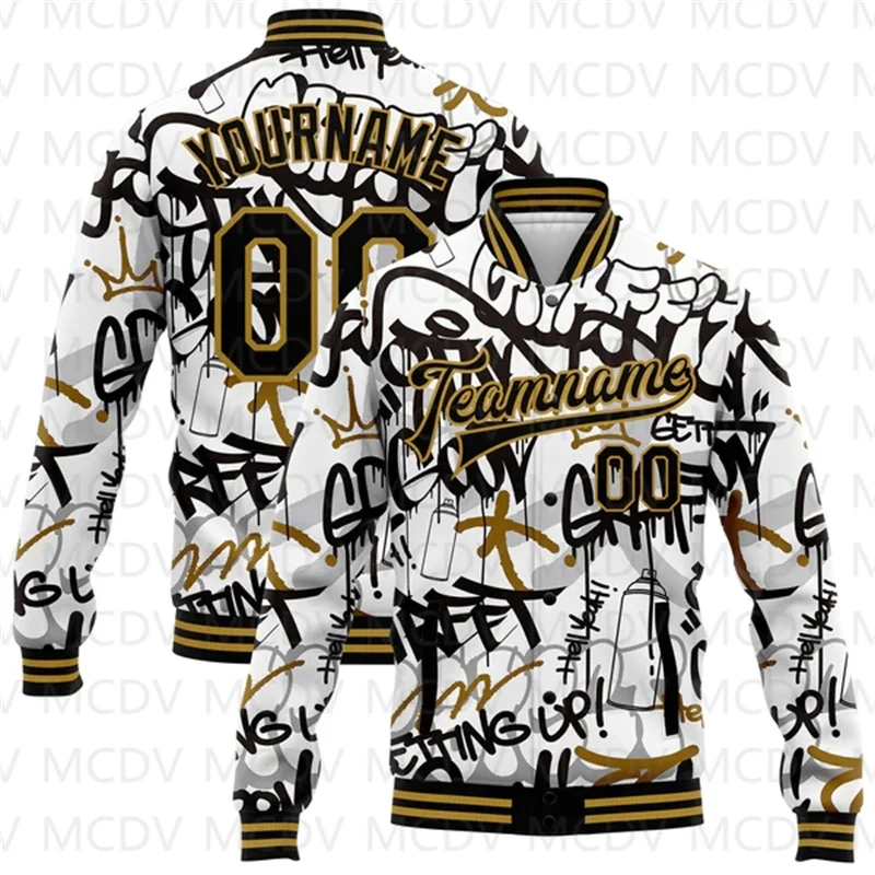 Custom Graffiti Pattern Gold-Green Grunge Art With Dinosaur And Words 3D Bomber Full-Snap Varsity Letterman Jacket