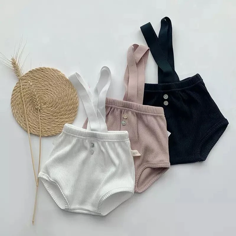 FOCUSNORM 3 Colors Baby Girls Boys Overalls Shorts Clothing Solid Ribbed Elastic Waist Suspender Shorts Outfits 0-18M