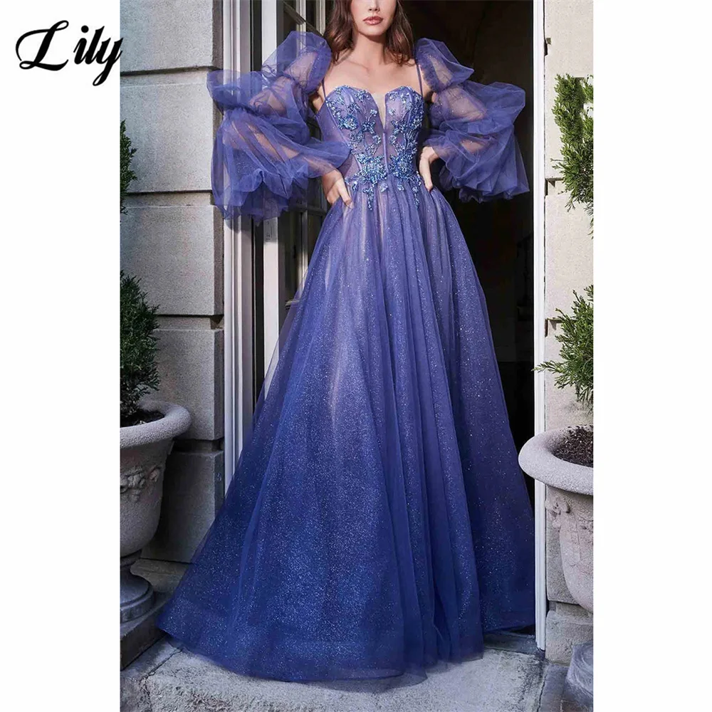 

Lily Purple Prom Dress Stylish Removable Tulle Sleeves فستان سهرة Long Sleeve Applique Party Dress With Beading Evening Dresses